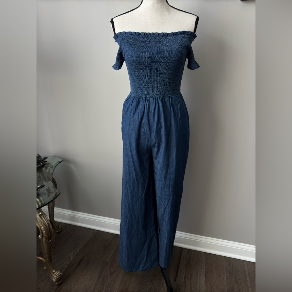 Soft Denim Off The Shoulder Jump Suit